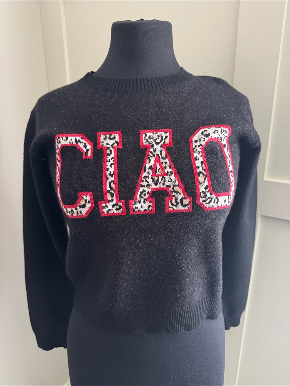 Vigoss Black Crewneck Sweater with Pink-Outlined Leopard 'CIAO'